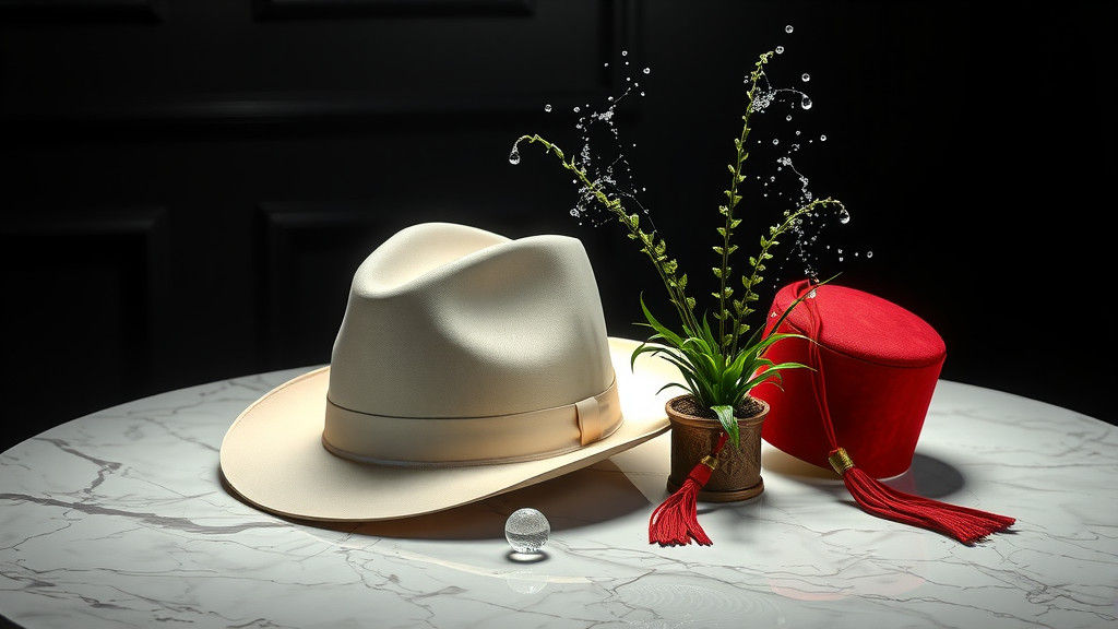 Ornate Hats on Marbled Table in Dark Academia