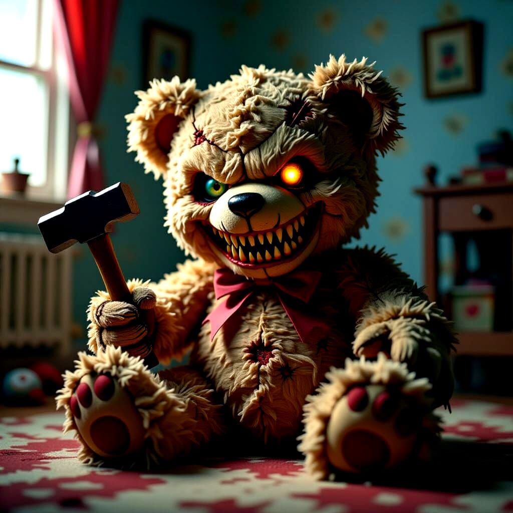 Horror Teddy Bear with Hammer in Dimly Lit Room