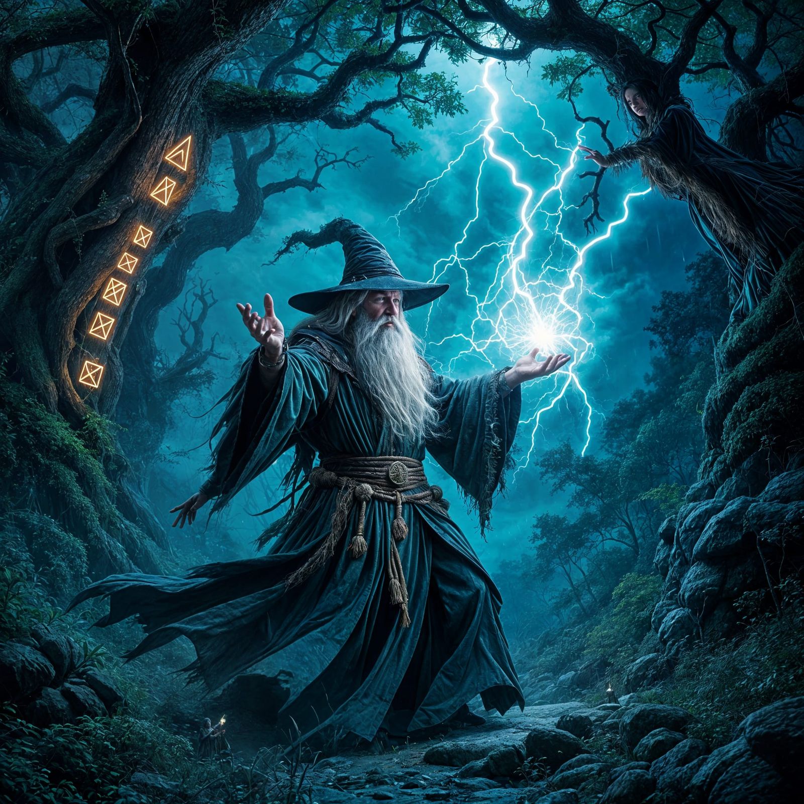 Wizard Casting Spell in Stormy Forest with Glowing Runes
