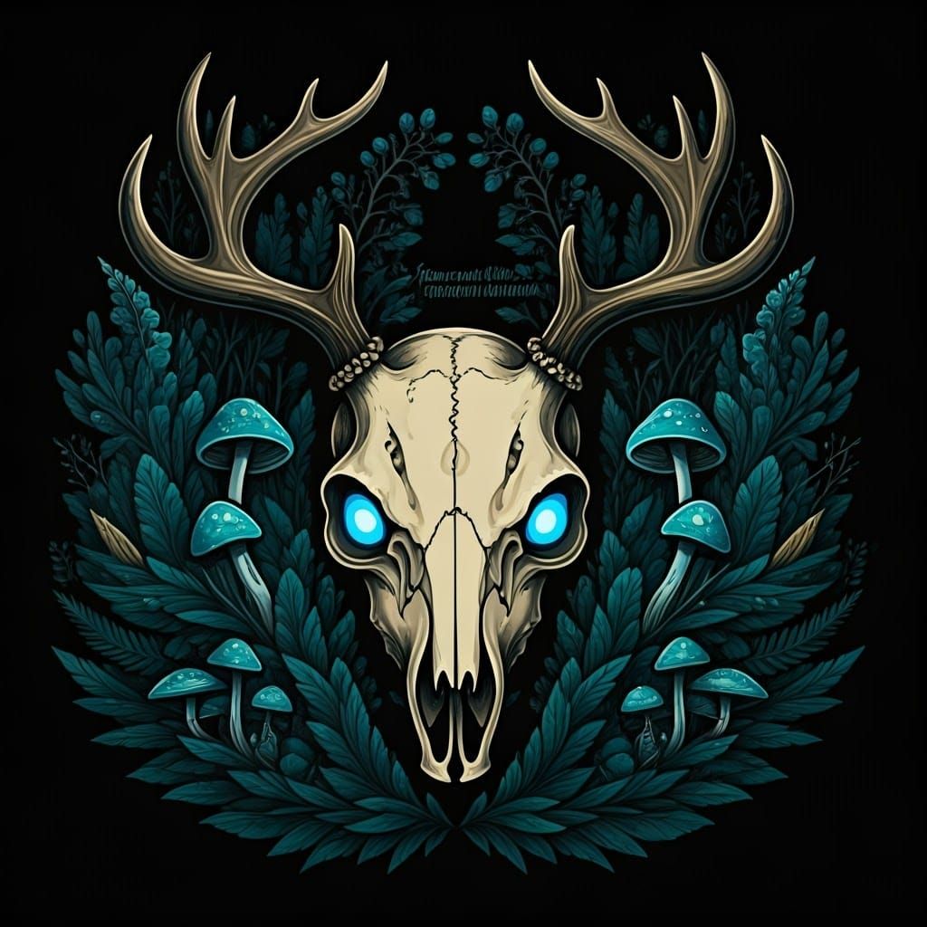 Mystical Skull with Antlers in Surreal Forest