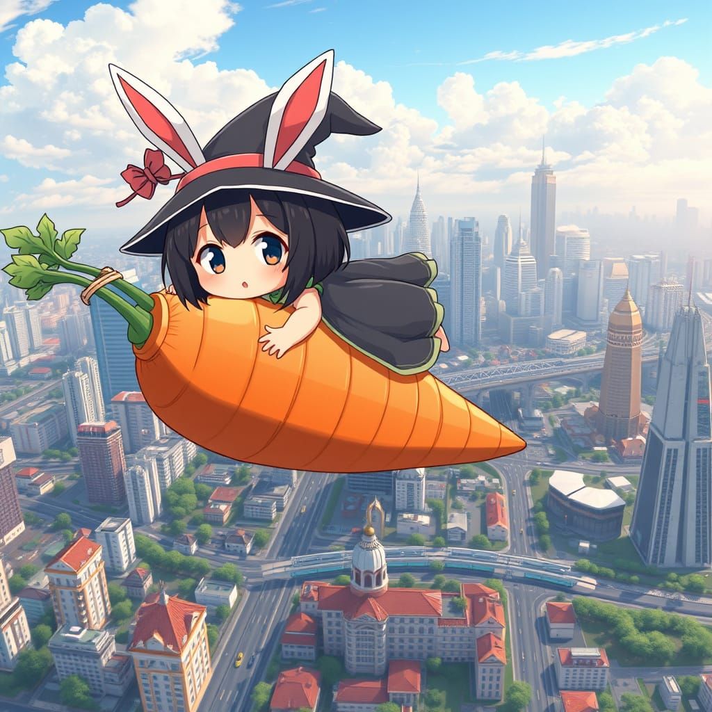 Cute Anime Witch Sails Over Bangkok on a Giant Flying Carrot