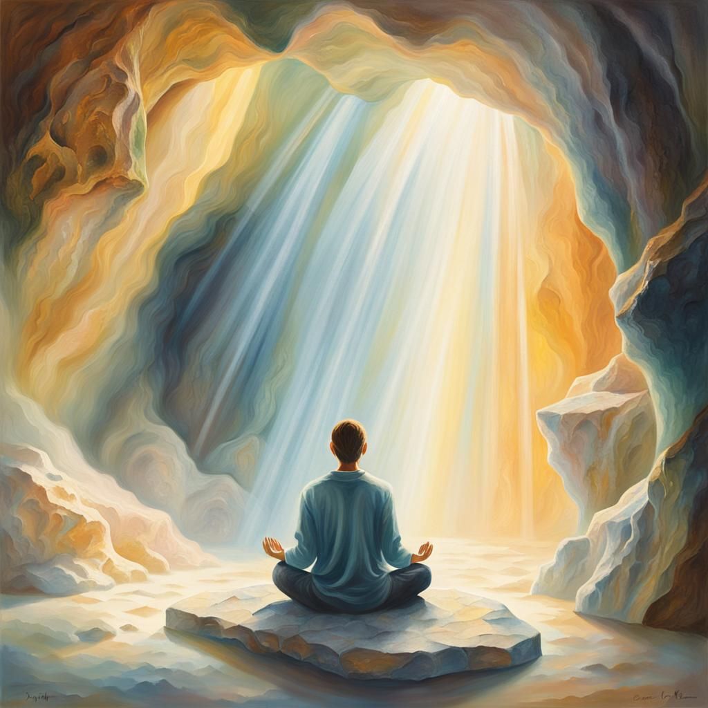 Meditative Figure in a Surreal Marble Cave Painting