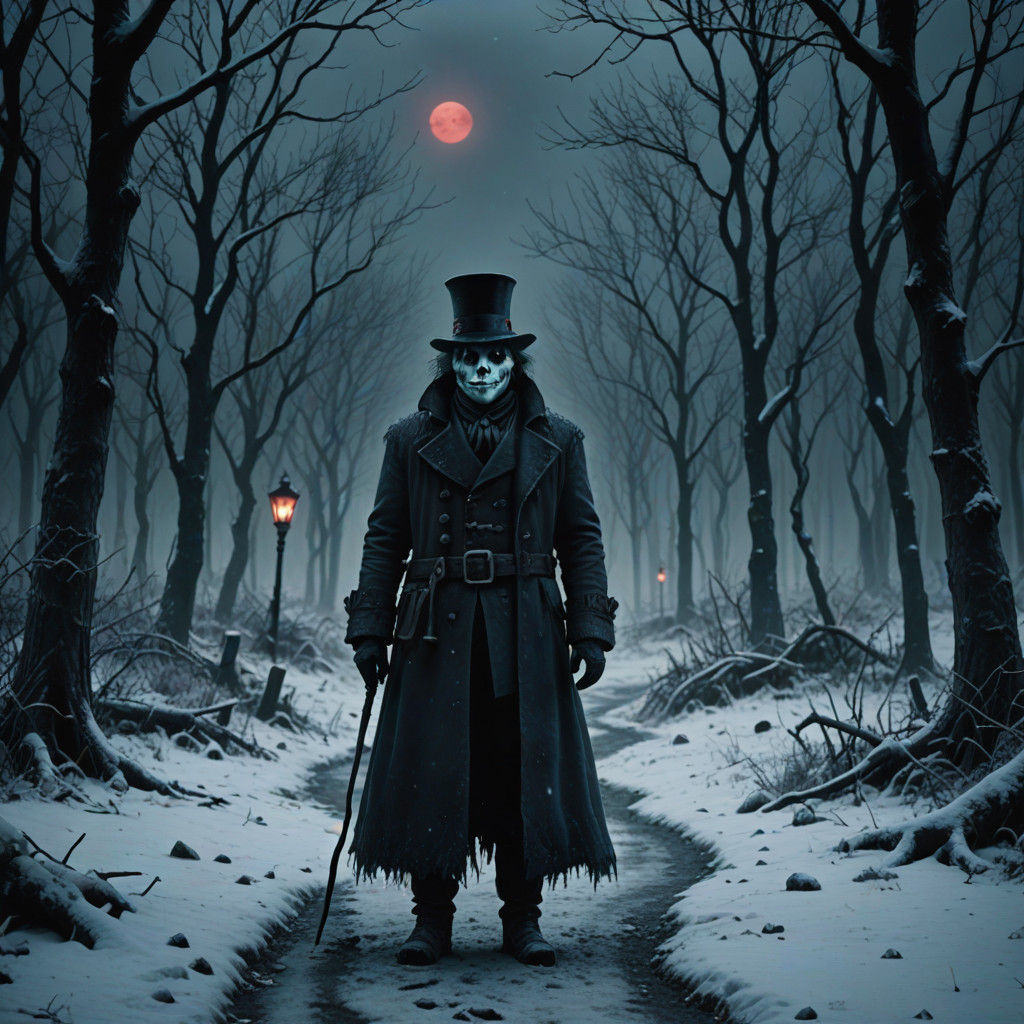 Evil Snowman Stands in Winter Forest with Red Ski Trail