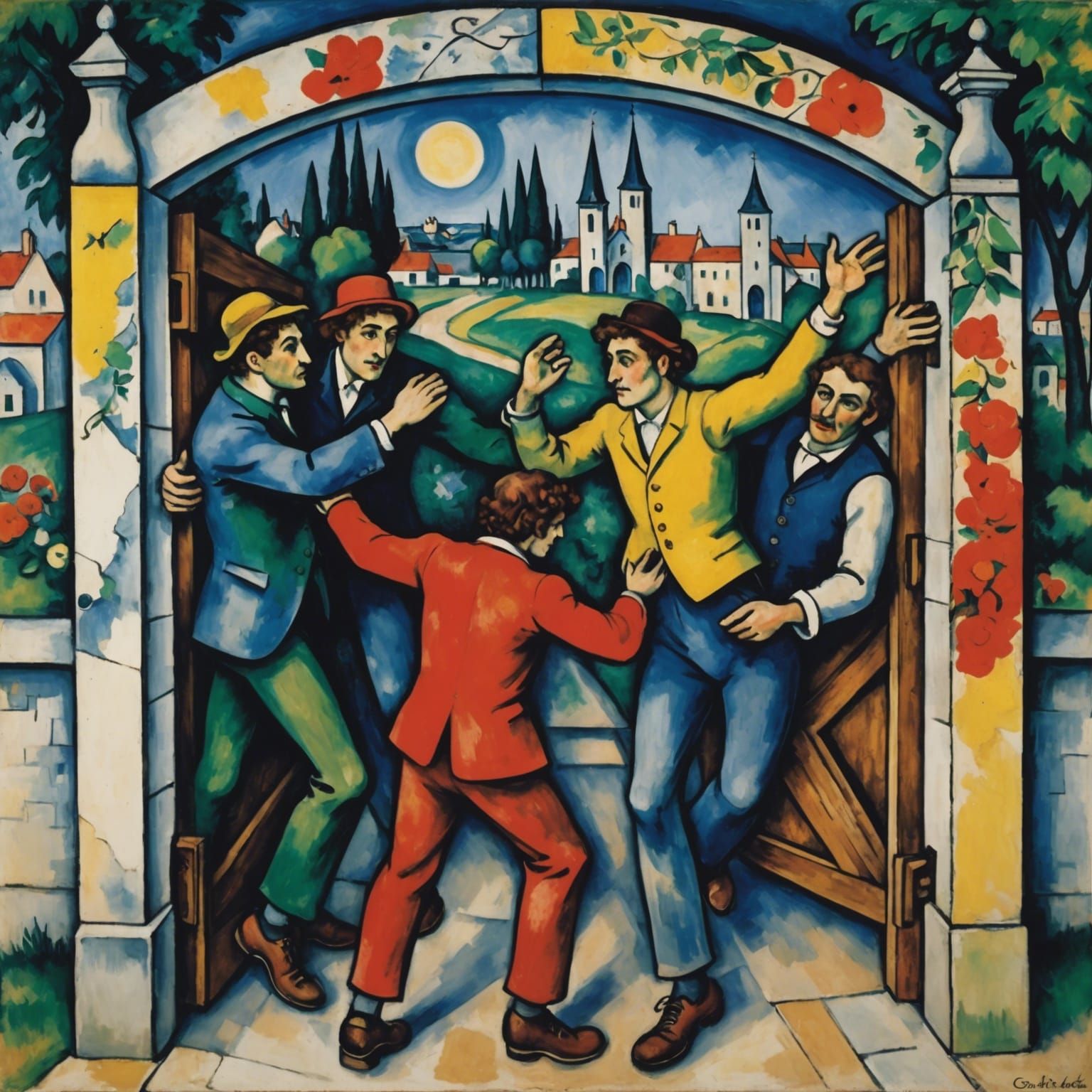 Surreal Figures Approaching a Gate: Post-Impressionist Style