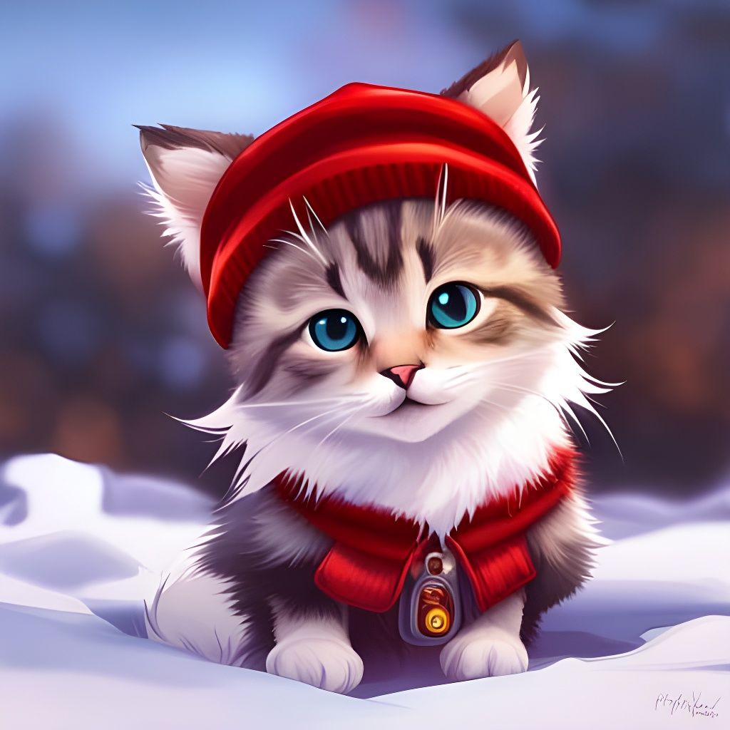 Fluffy Kitten in Beanie Enjoys Winter Snowfall