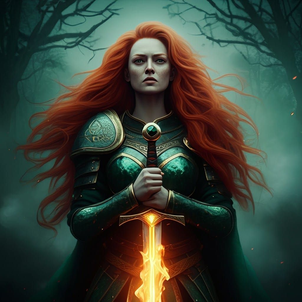Celtic Warrior with Flaming Sword in Mystic Forest