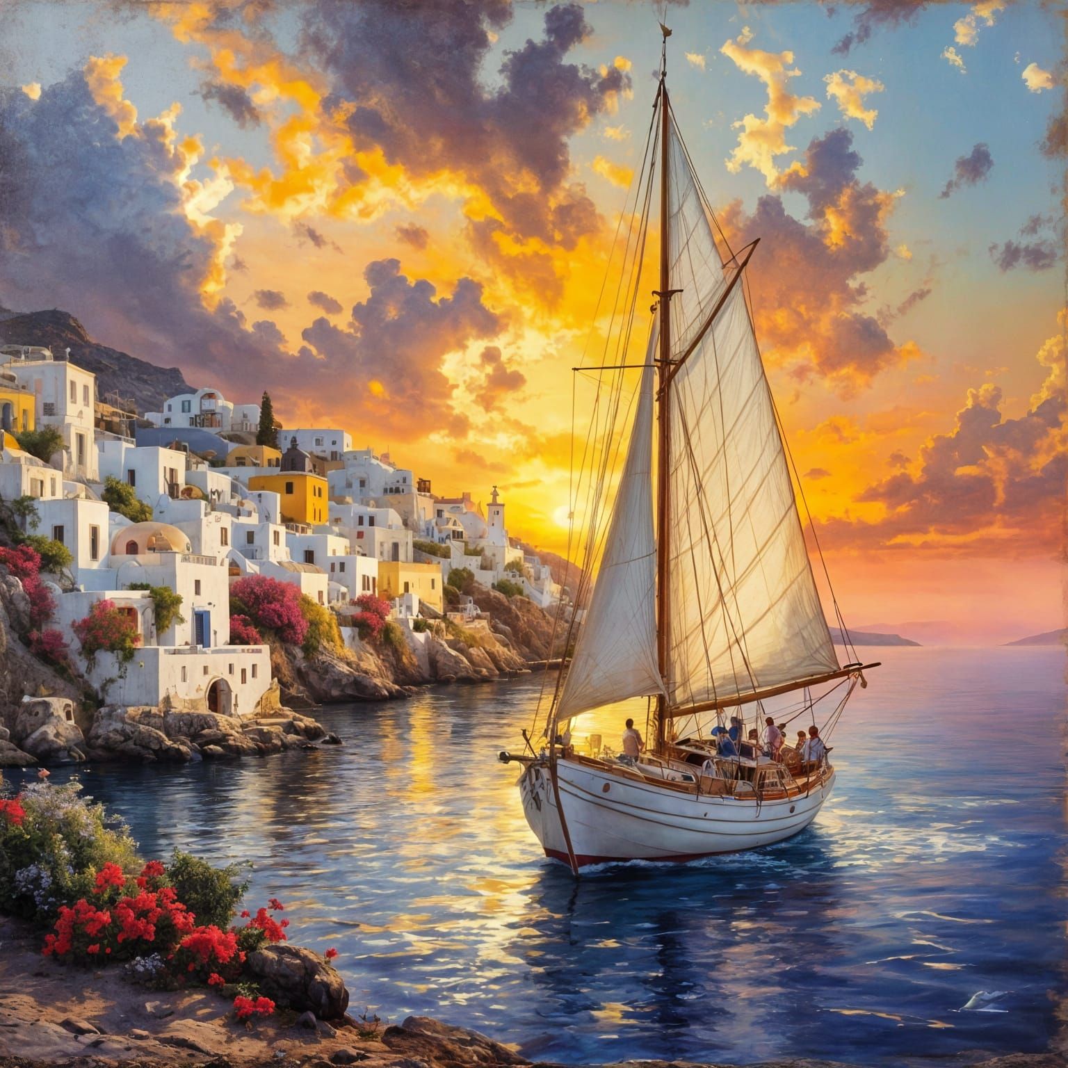 Traditional Oil Painting of White Sailboat in Santorini