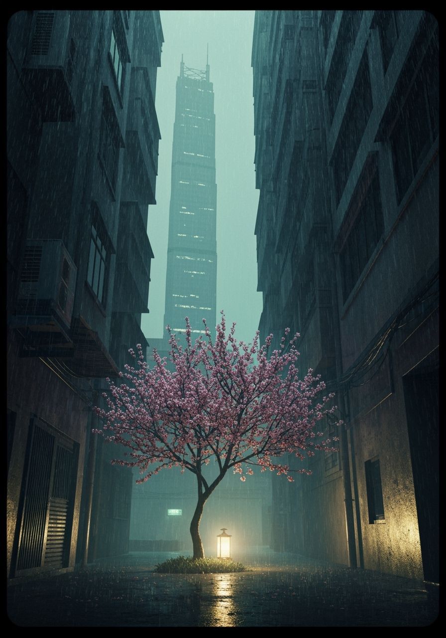 Blossom Tree in Rainy Alley: Cinematic Film Grain
