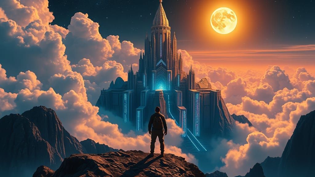 Traveler Gazing at Cyberpunk Citadel in Pixel Art Style