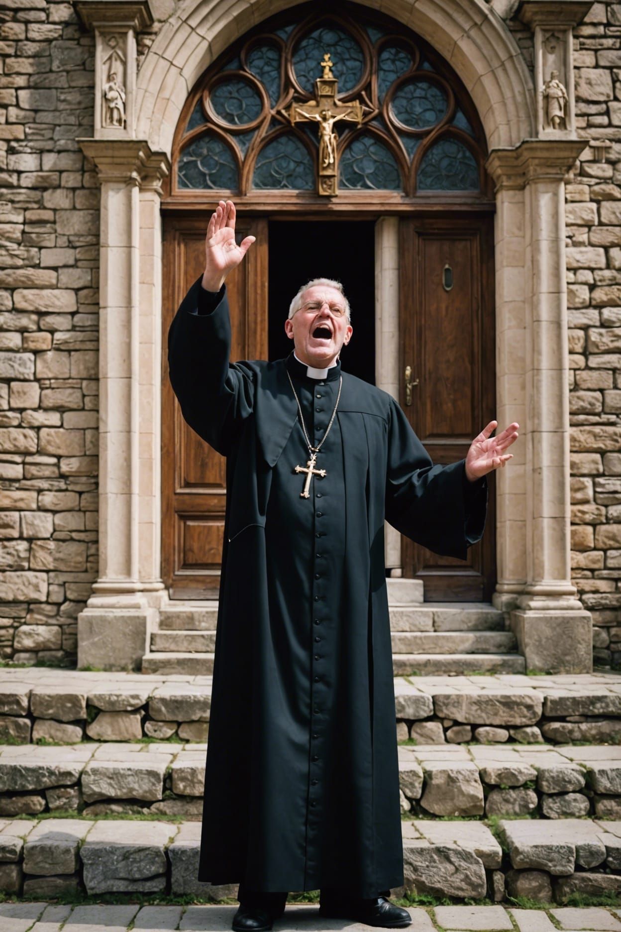 Catholic Priest singing loudly infront of stone church