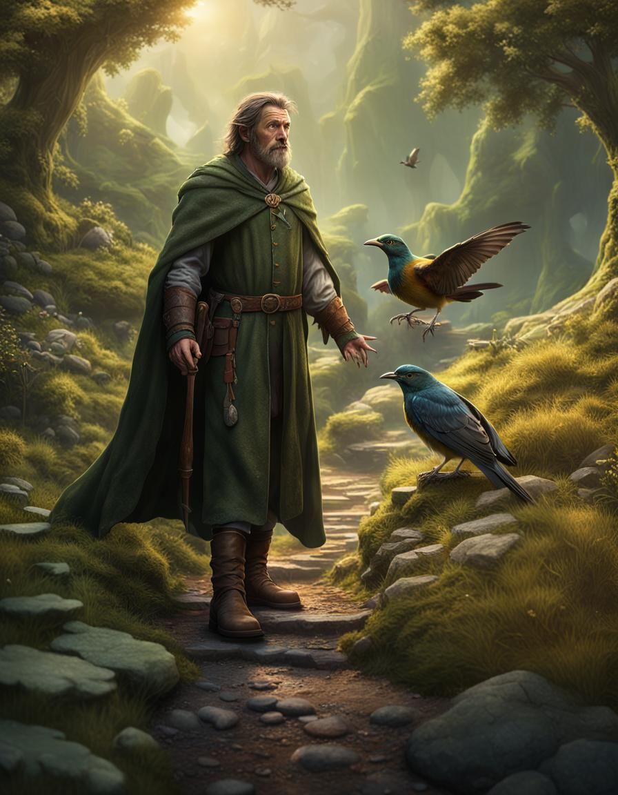 Half-Hobbit Half-Elf Ranger Feeding Bird
