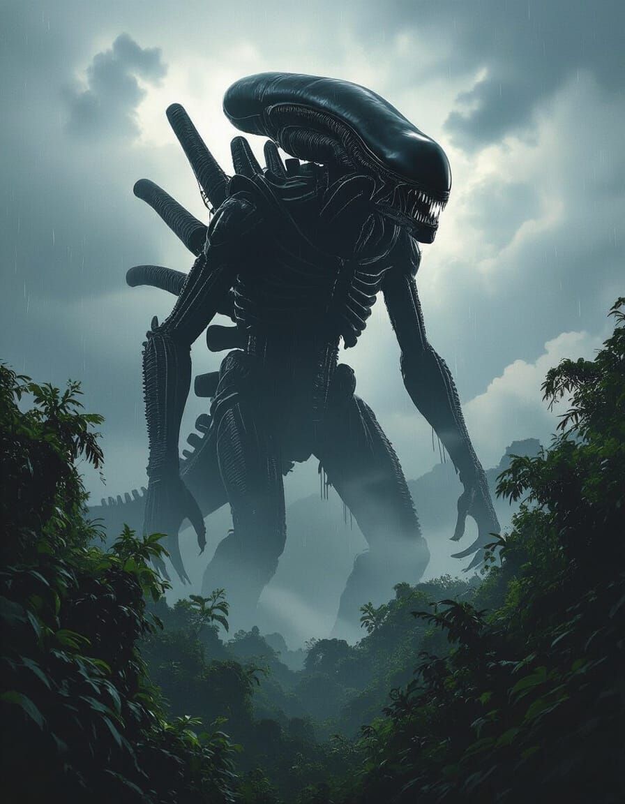 Giant Xenomorph Emerges From Jungle Canopy in Painterly Styl...