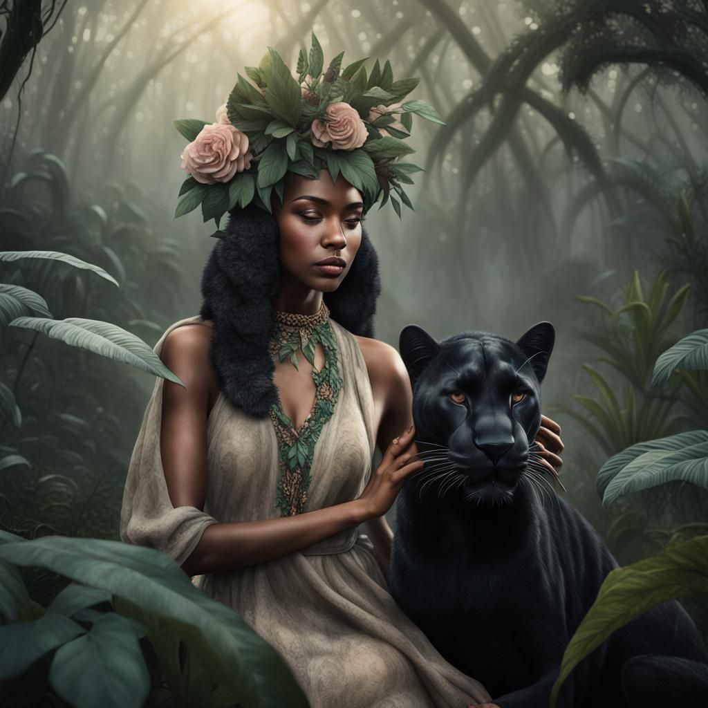 Woman Petting Panther in Misty Jungle, Photorealistic 3D