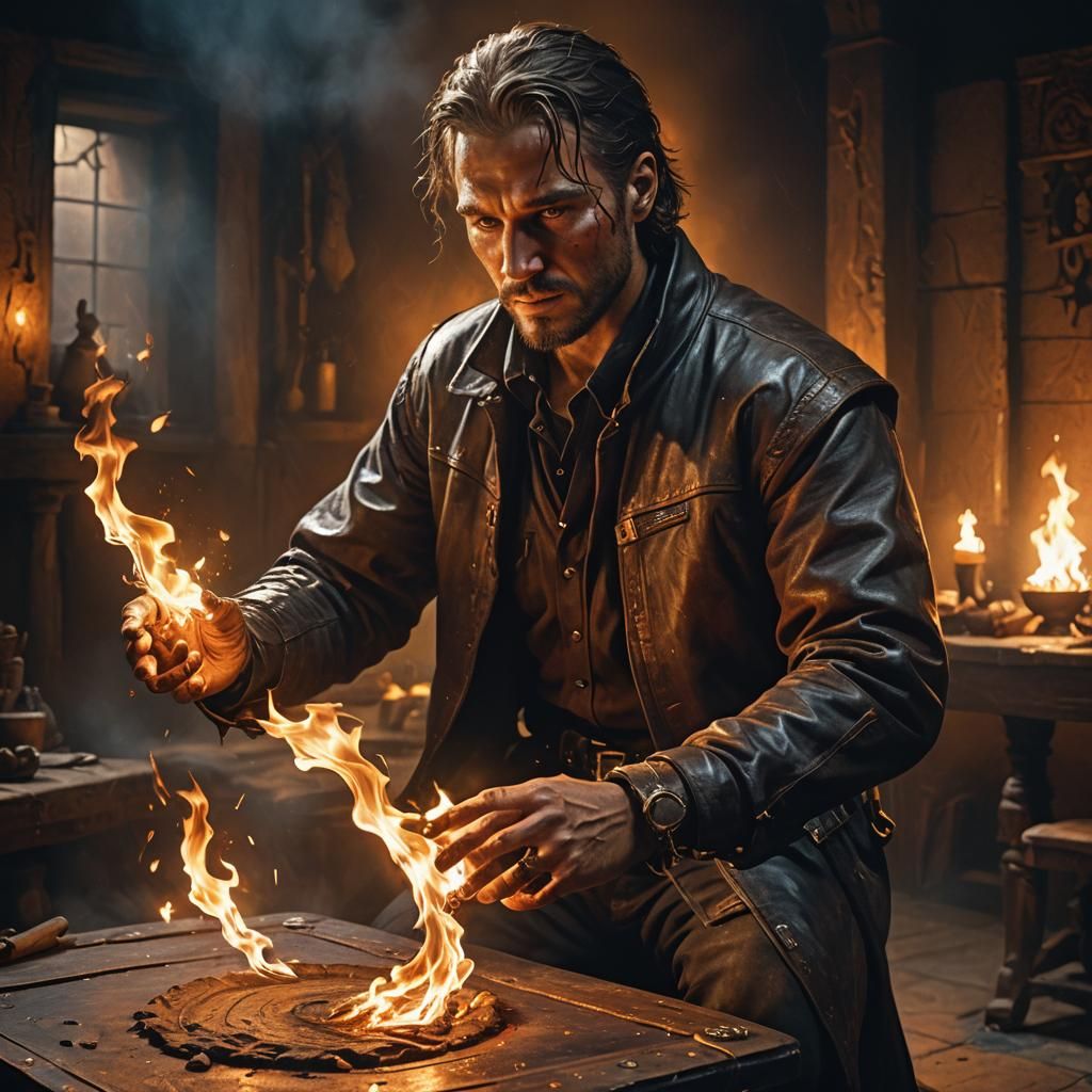 Mystical Man Playing with Fire in Hyperrealism