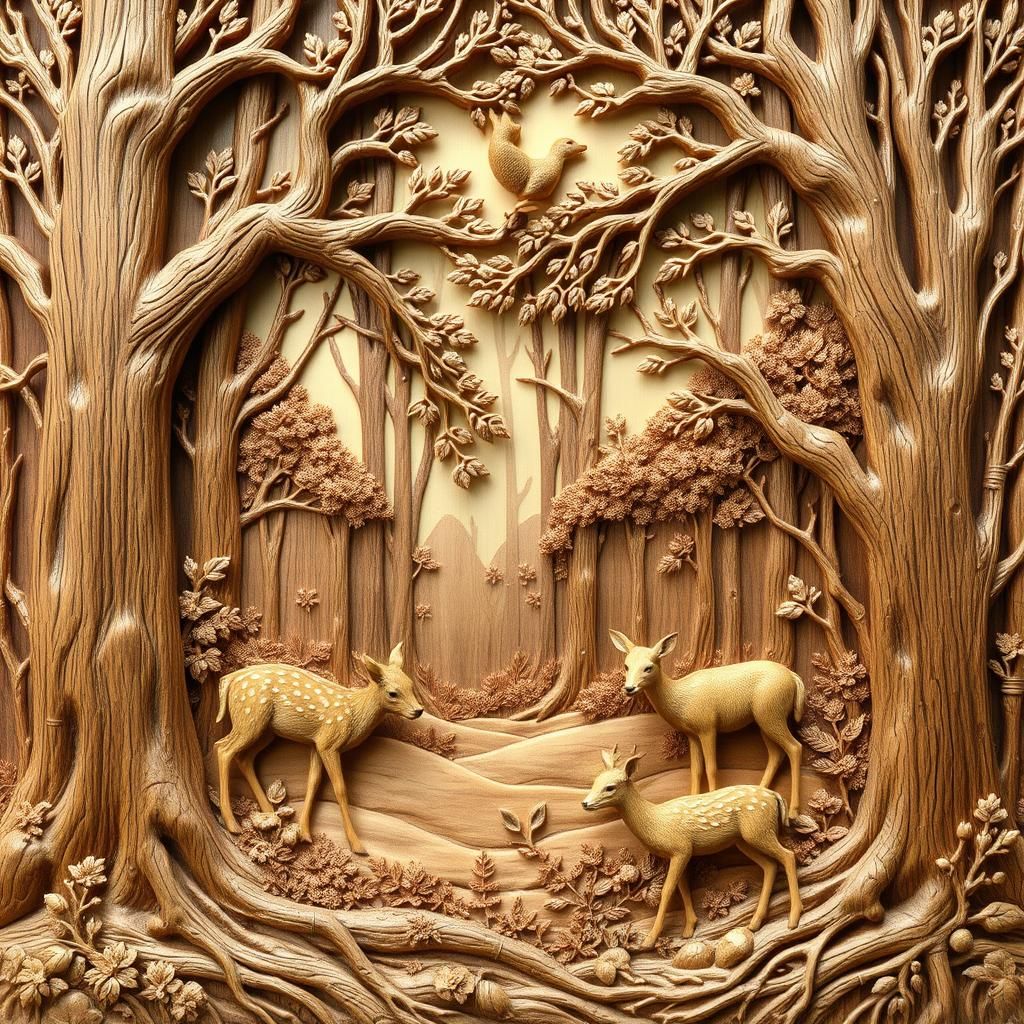 Serene Forest Landscape Carved in Wood