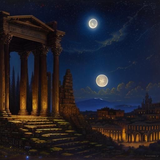 Steampunk Wolf Under Starry Sky, Roman Architecture