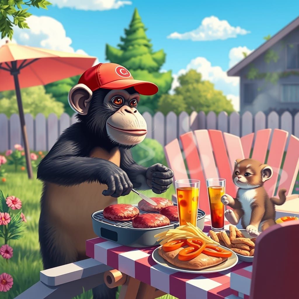 Whimsical Chimpanzees Enjoy a Colorful Backyard BBQ