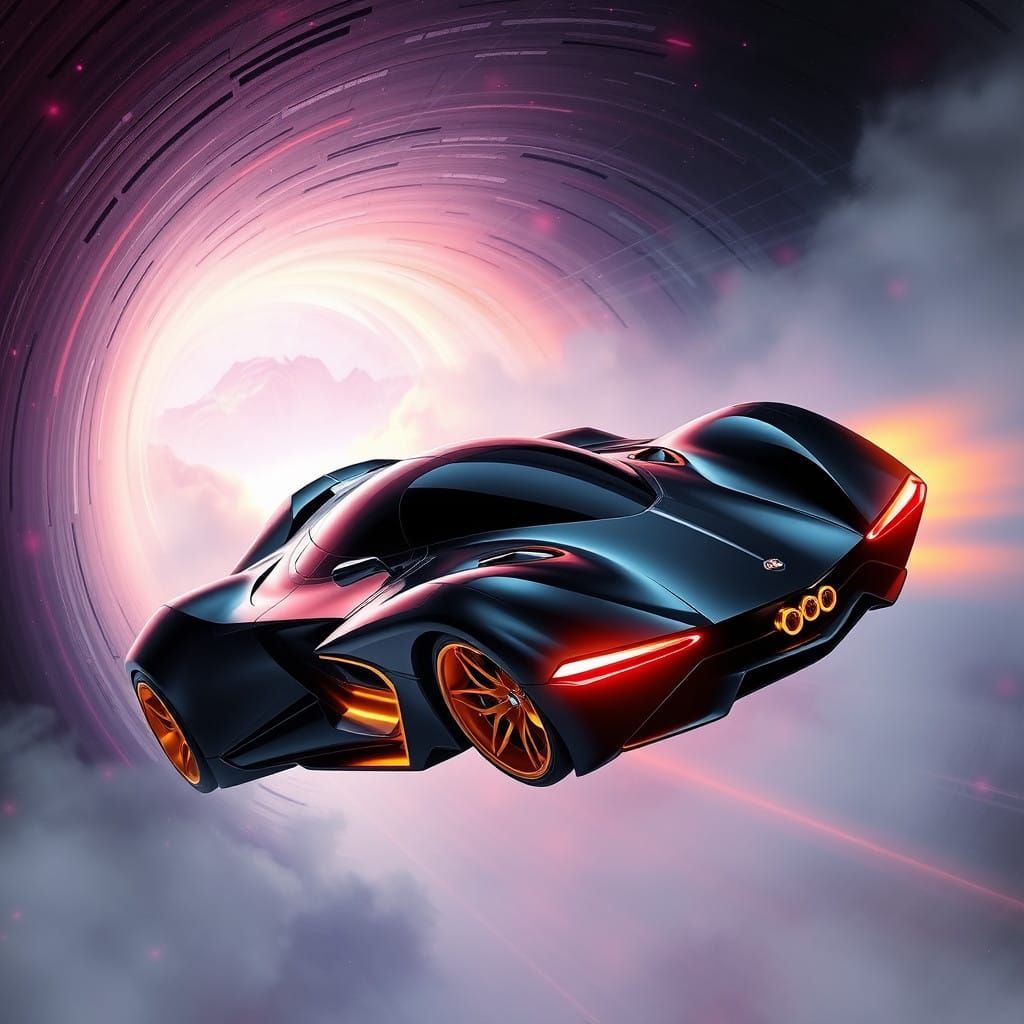 A black futuristic flying car with gold wheels emerging from...