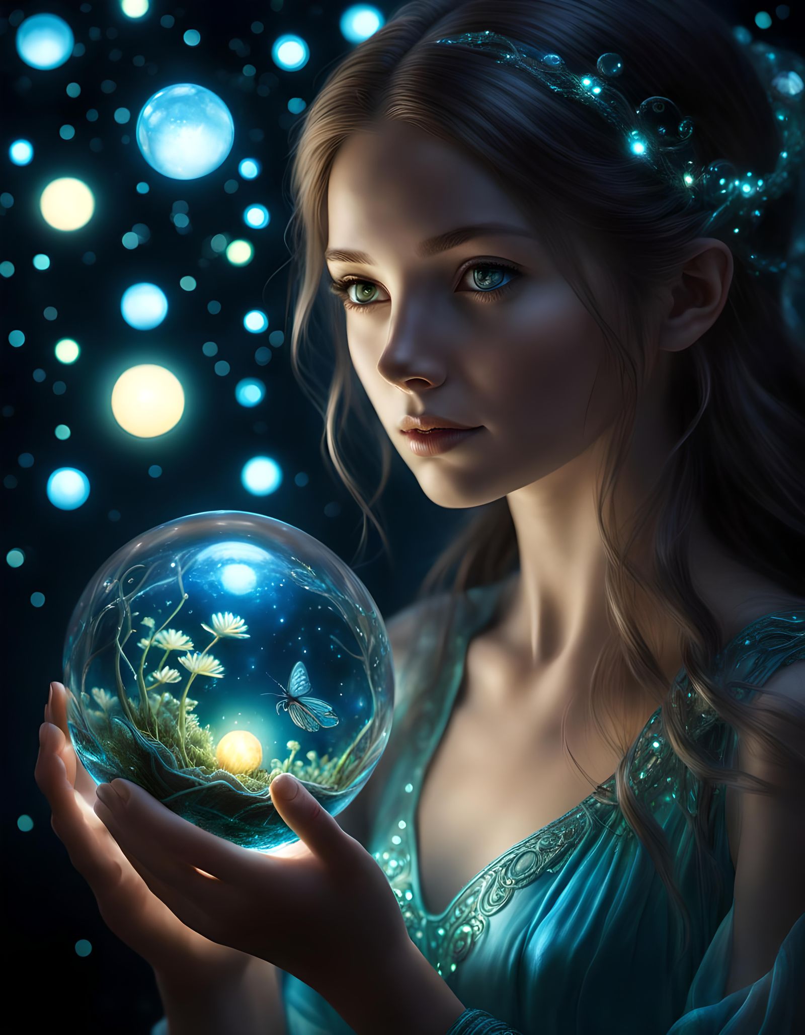 Girl Nurturing Bioluminescent Orb in Fantasy HDR Image