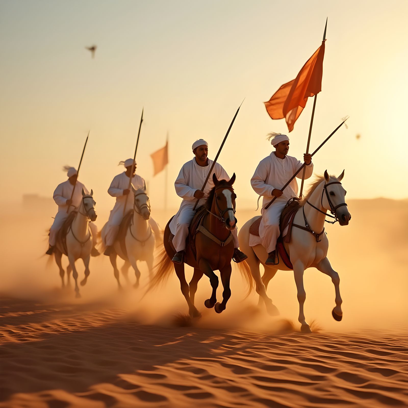 Saharan Cavalry Charge with Swords and Flags