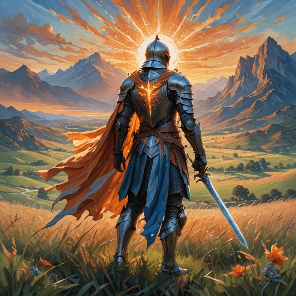 Knight with Sword of Light in Fantasy Landscape