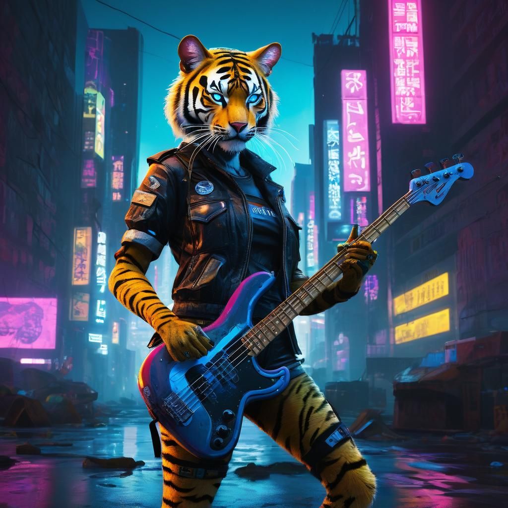Futuristic Bengal Tiger Anthro Warrior in Neon Cityscape
