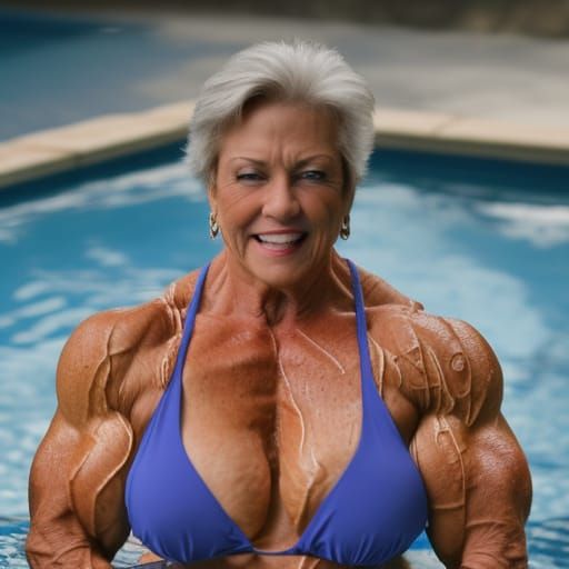 Muscular Bodybuilder Grandma in Pool: Professional Photo