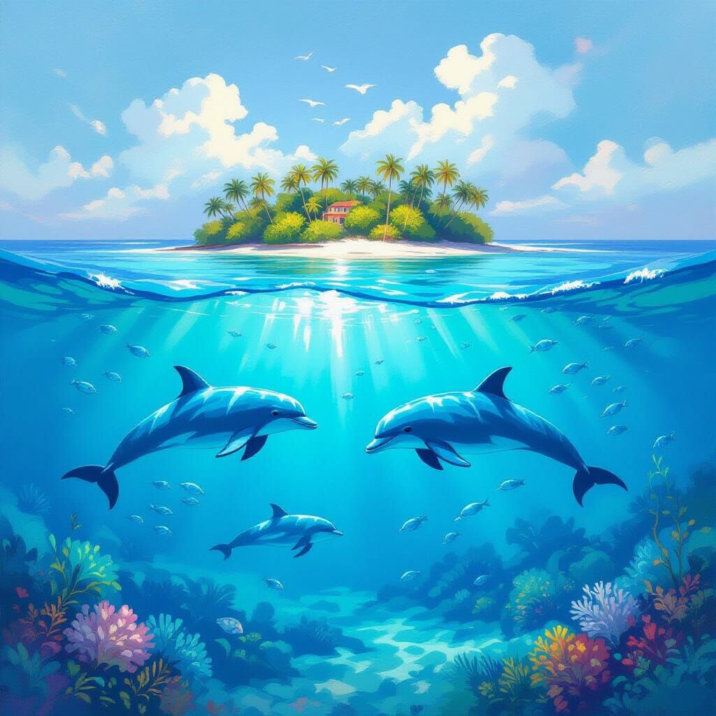 Serene Tropical Island Undersea View in Impressionist Style