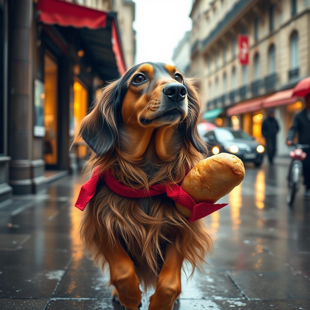 Dachshund in Paris with Bread on Rainy Day