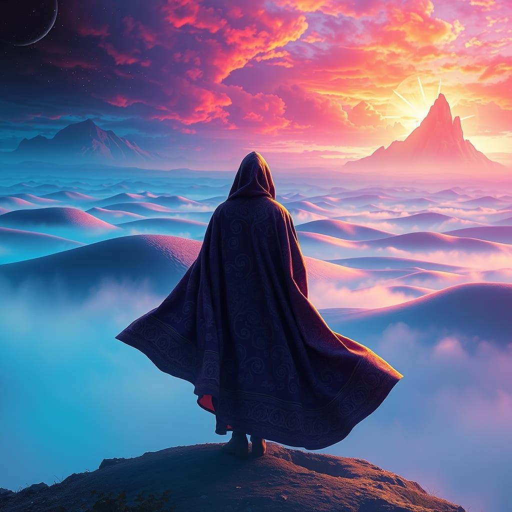 Surreal Mystic Stands Amidst Celestial Landscape in Vibrant ...