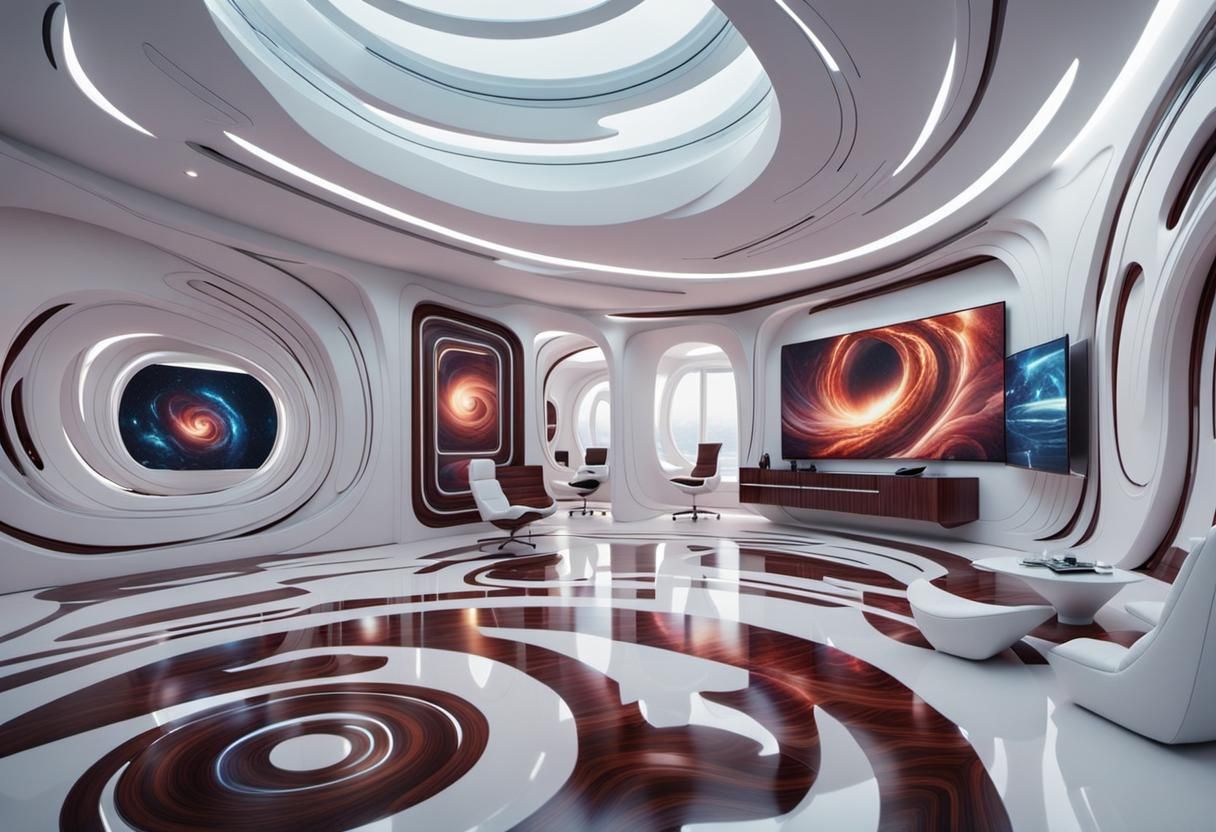 Futuristic Interior with Mahogany Furniture, Digital Matte P...