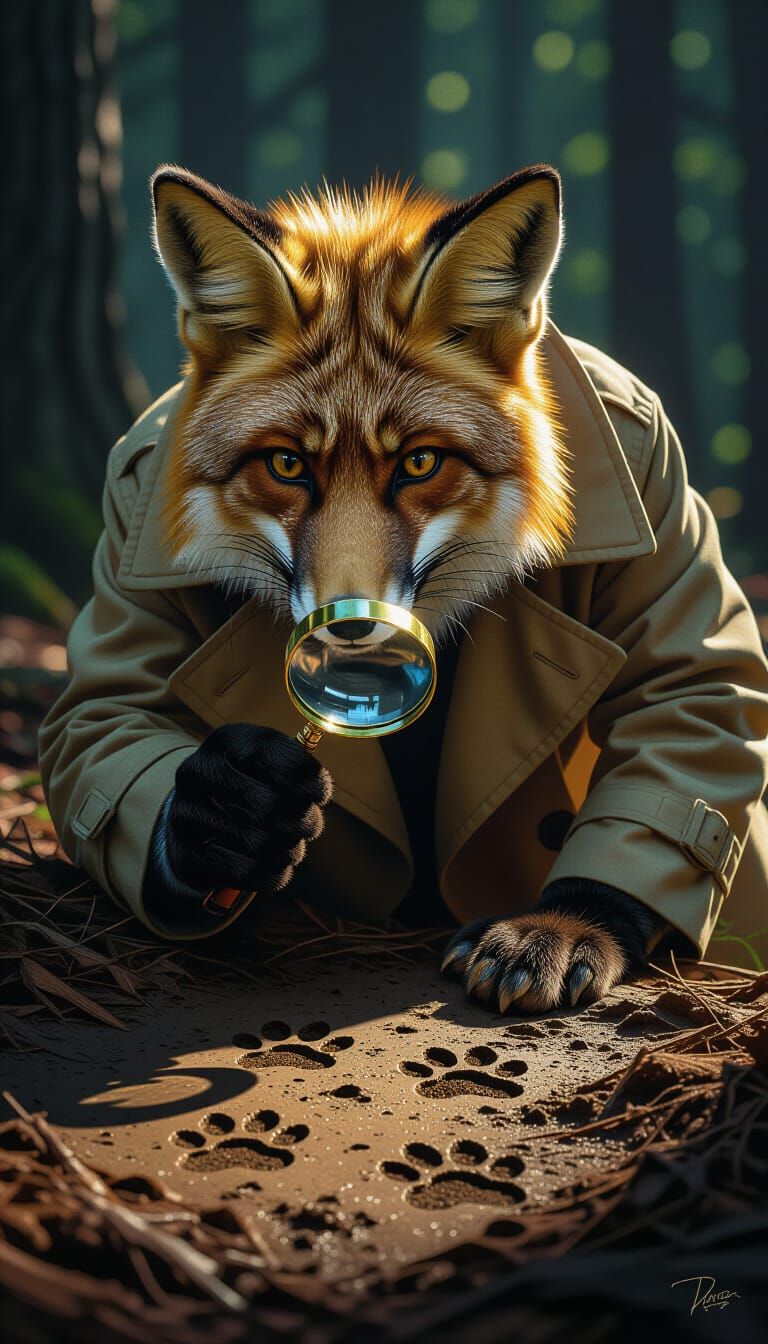 Fox Detective Investigates Paw Prints in Noir Forest