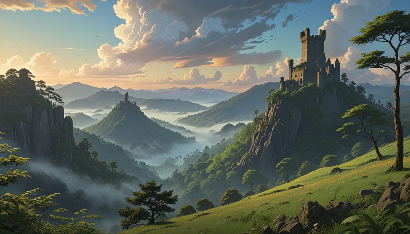 Peaceful Dawn Valley with Medieval Tower Ruins