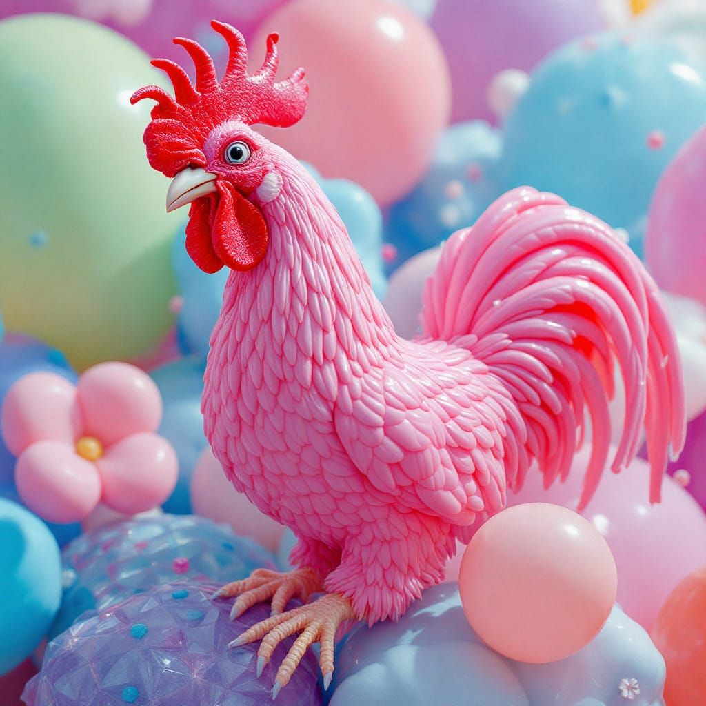 Vibrant Pink Rooster with Floating Balloons
