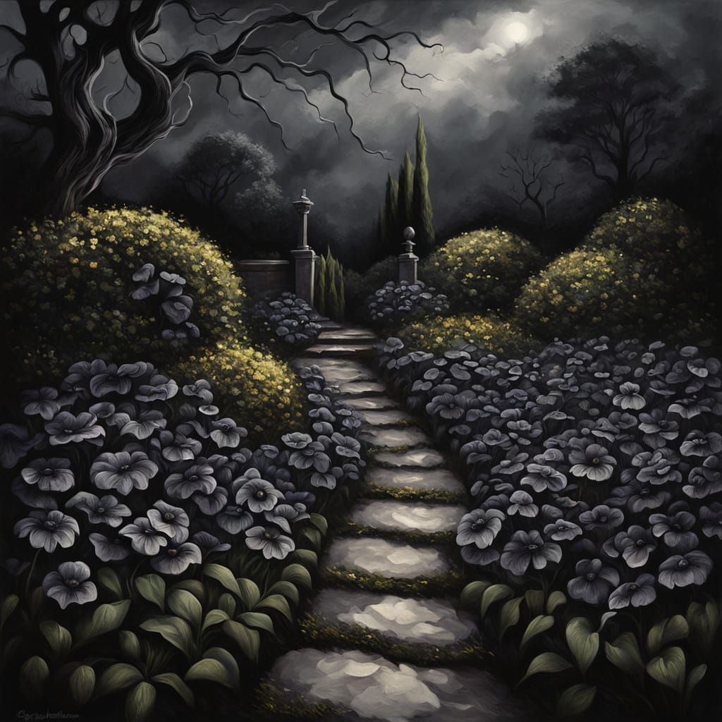 Dark Fantasy Garden with Black Flowers in Oil Painting Style