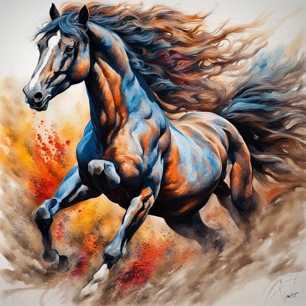 A wild horse in full roar, charging forward with a fierce expression. The image is captured in a dynamic ink and wash st...