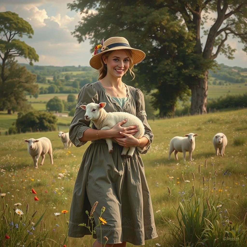 Serenely Smiling Shepherdess in Hyperrealistic Pastel Hues