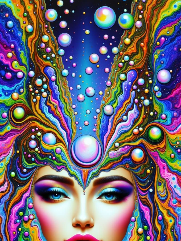 Hyperrealistic Goddess in Iridescent Gown with Bubbles and D...