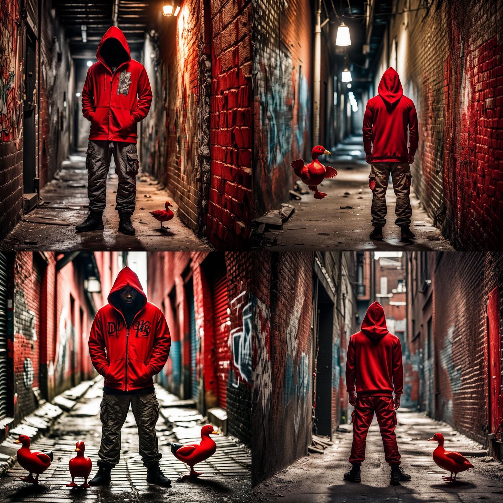 Red Hooded Figure in Graffiti Alley with Candle