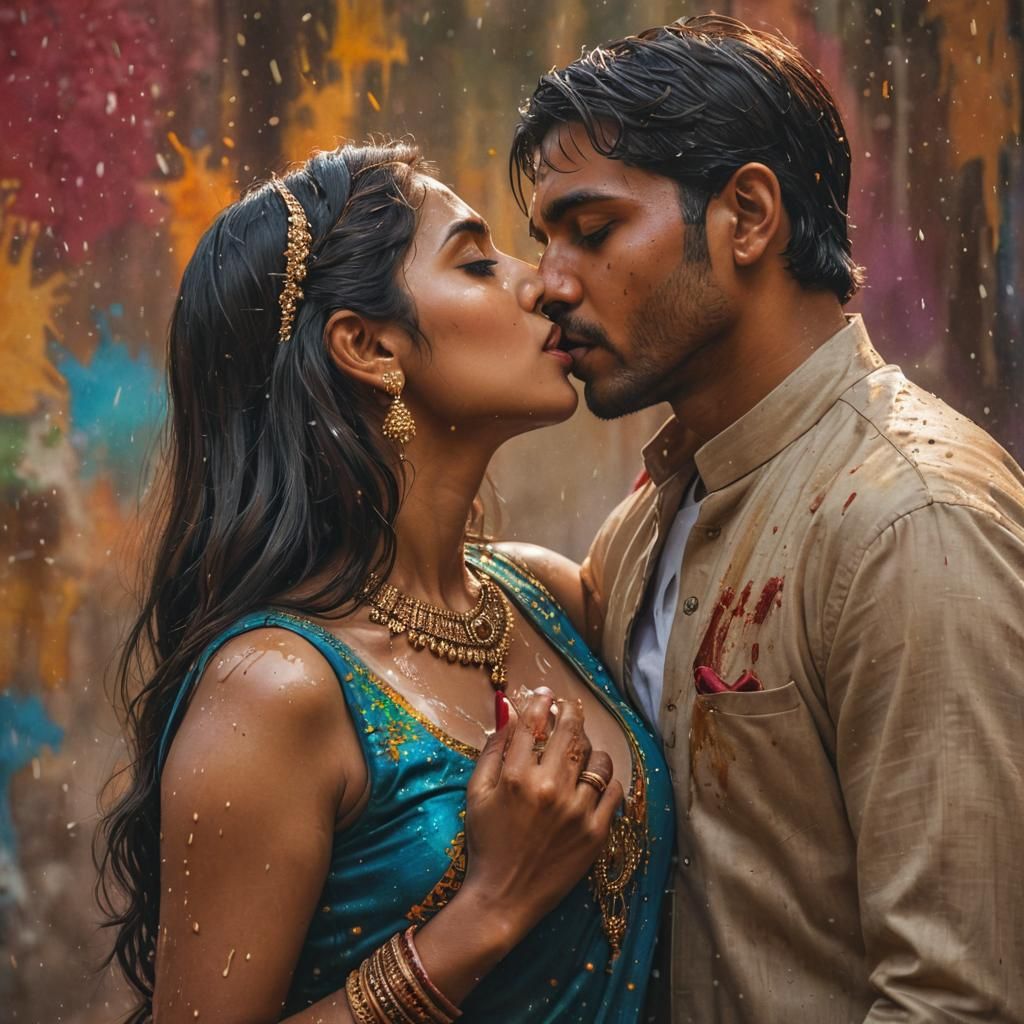 Hyperrealistic Indian Couple Kissing in Splash Art Style