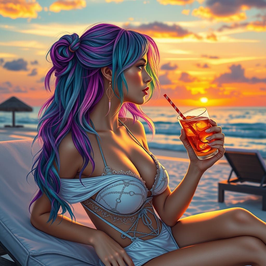 Sunset Beach: Ethereal Beauty with Multicolor Hair