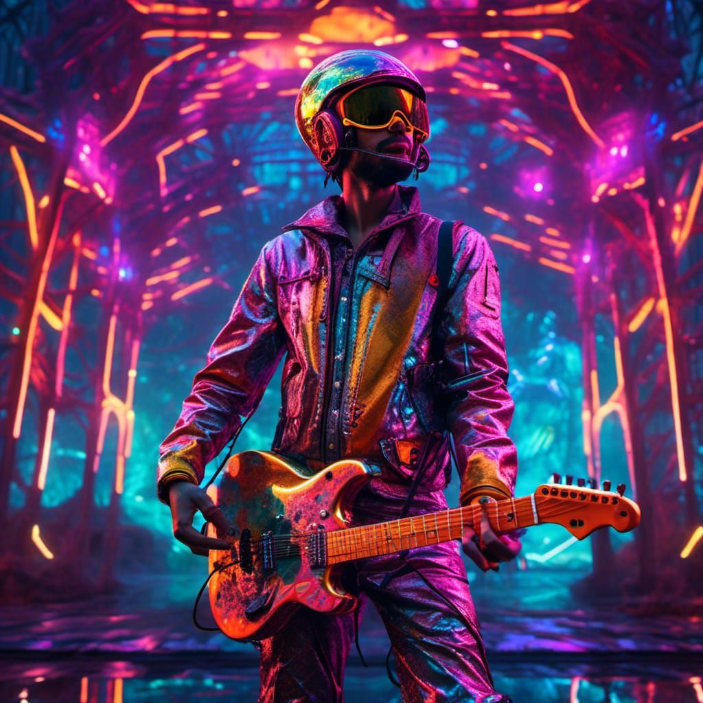 Neon Space Guitarist in Futuristic Infrastructure