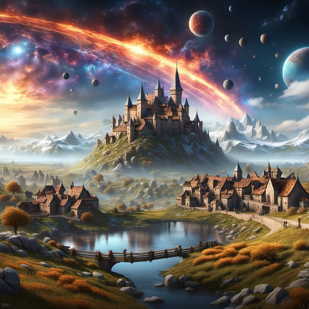 Halley's Comet Over Medieval Villages: Detailed Matte Painti...