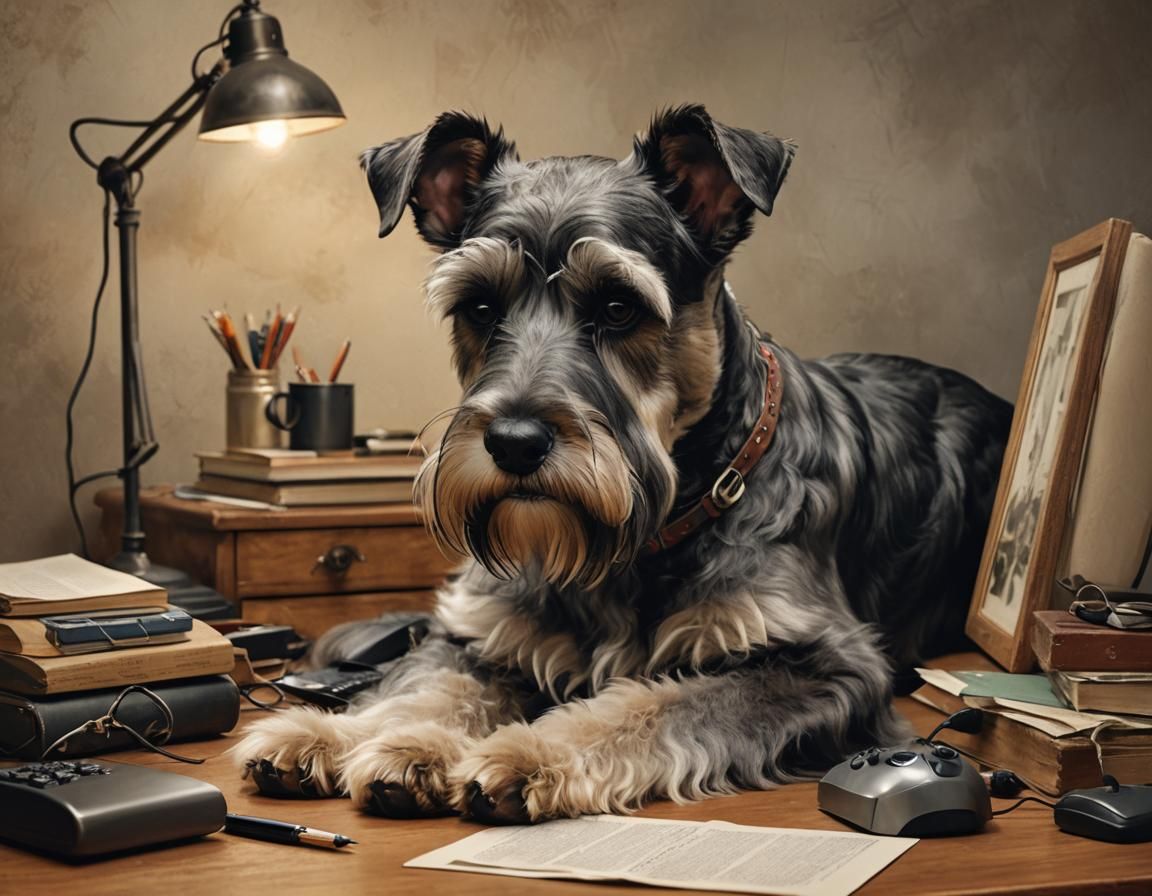 Cozy Home Office with Sleeping Schnauzer: Realistic Digital ...