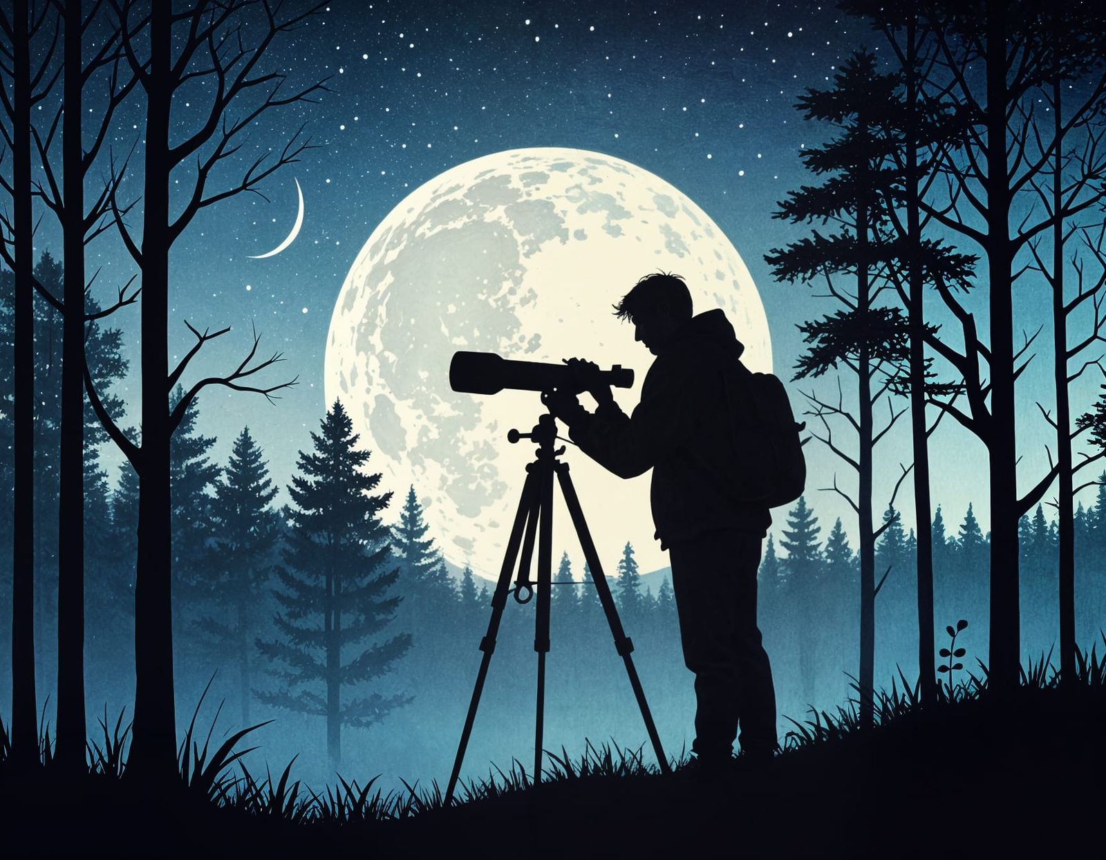 Man Contemplates the Night Sky in Moonlit Forest