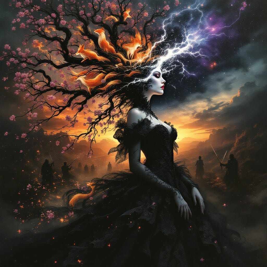 Gothic Enchantress in Starry Void and Cosmic Bloom