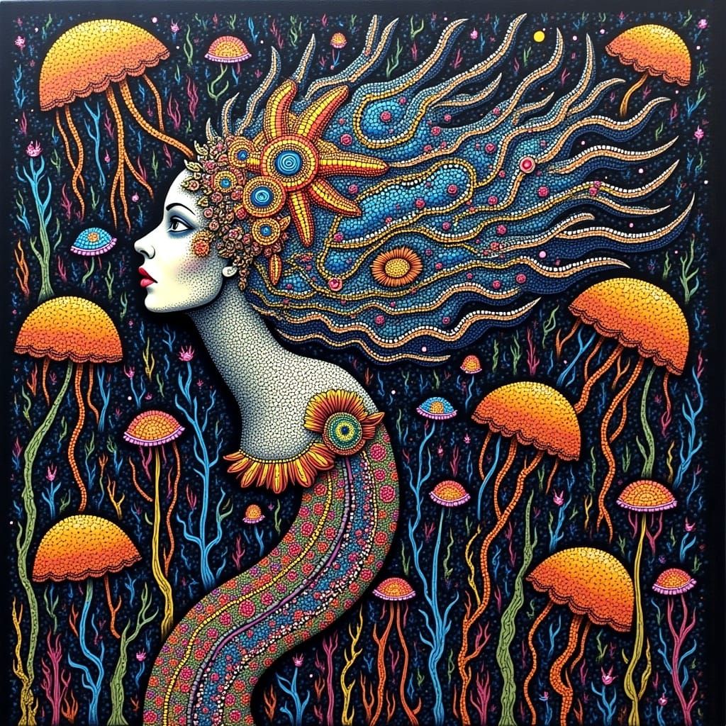 Underwater Fairy Mermaid in Surreal Folk-Art Style