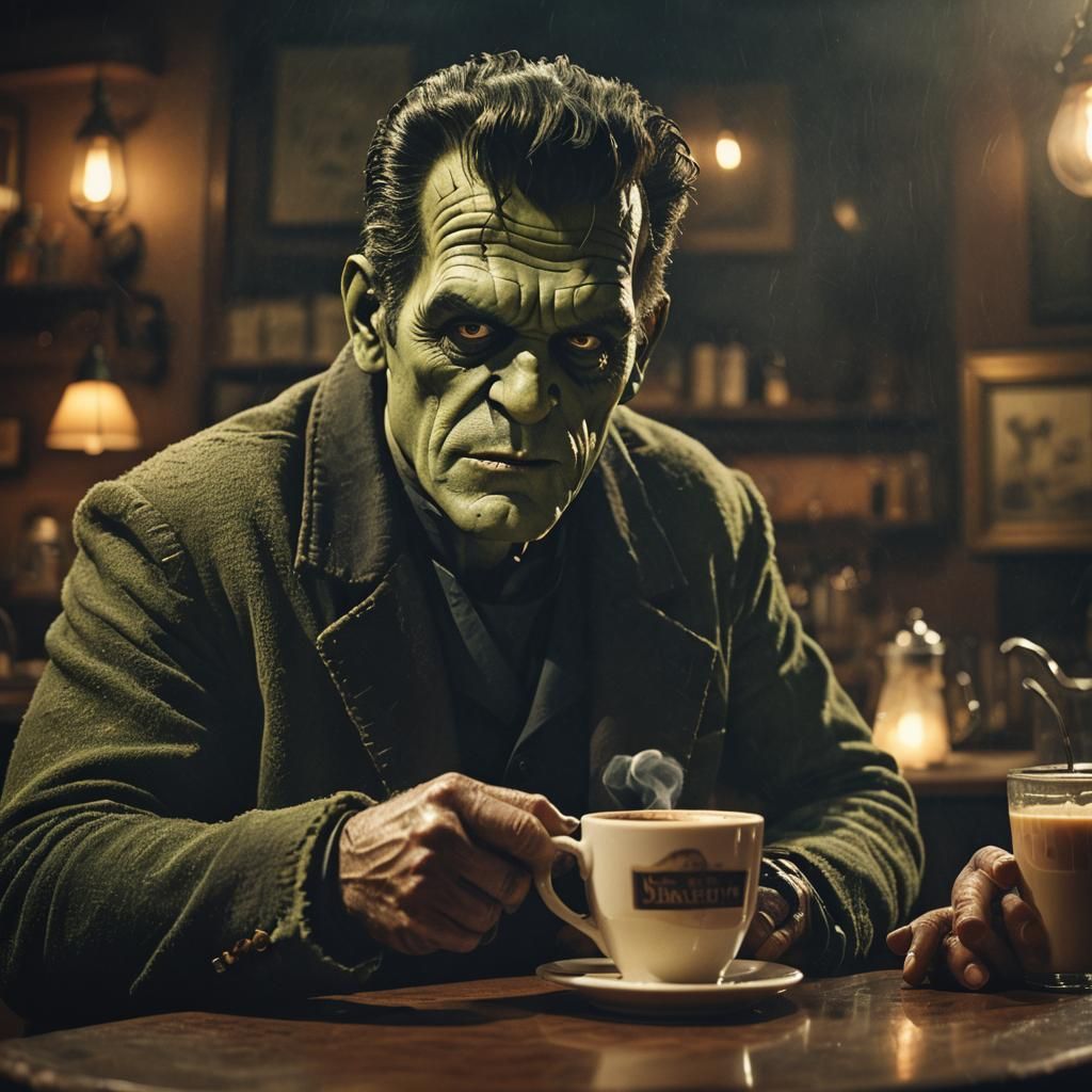 Frankenstein's Coffee Break: A Cinematic Film Noir Scene