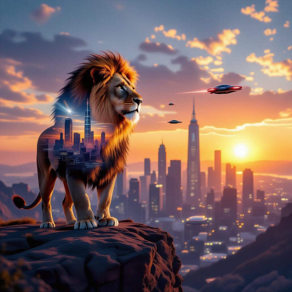 Lion Double Exposure Reveals Futuristic Cityscape