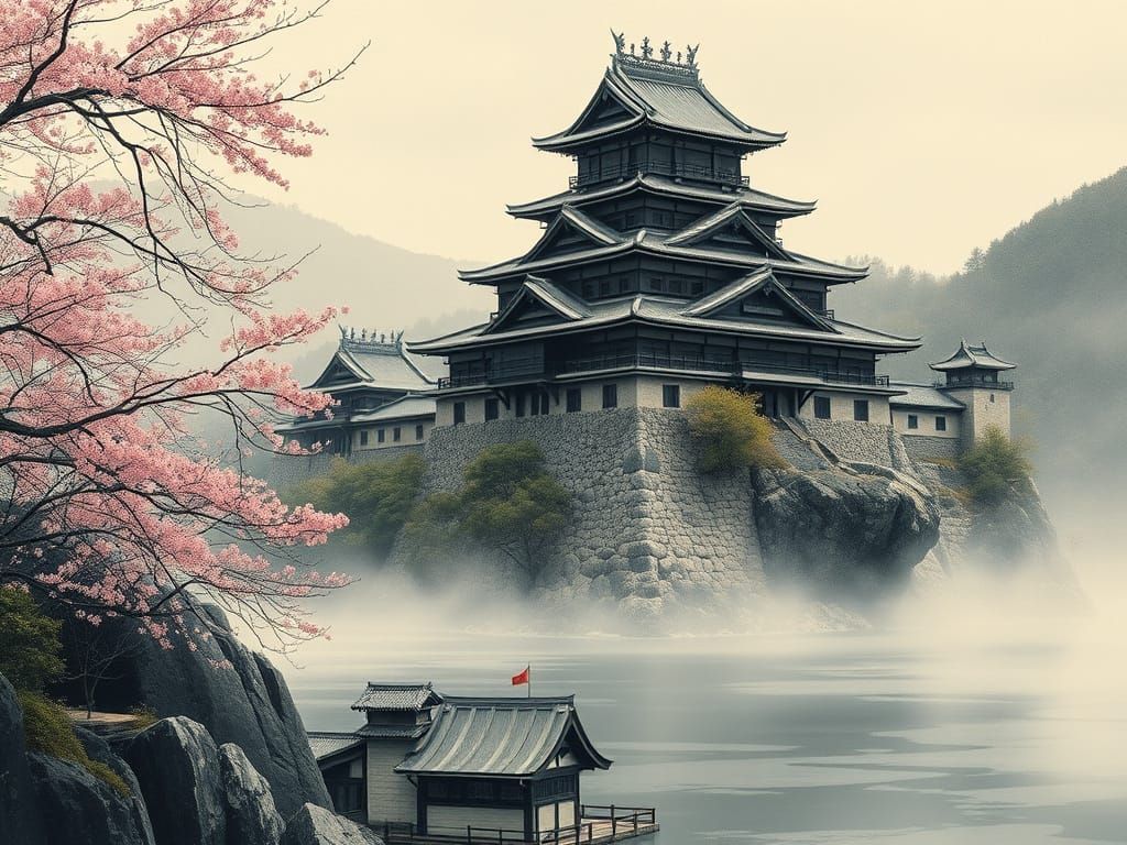 Edo Era Japanese Castle Amidst Cherry Blossoms